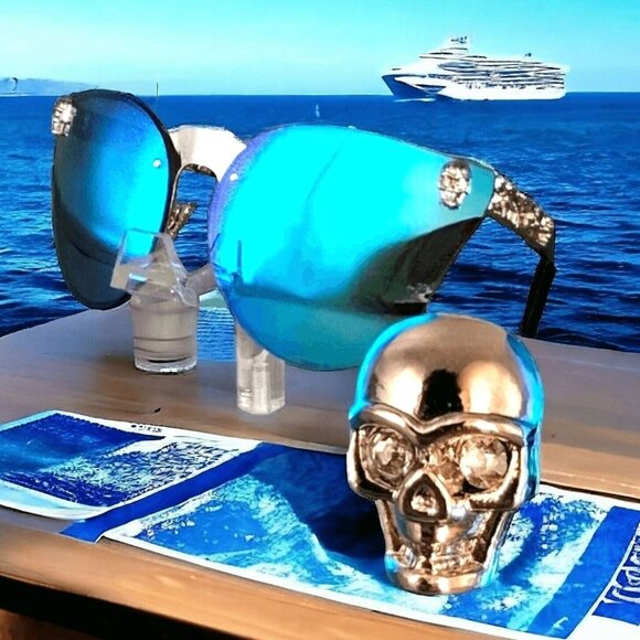 Blue Mirrored Cateye Sunglasses With Skull & Floral Alloy Details UV400 Silver - Picture 1 of 8